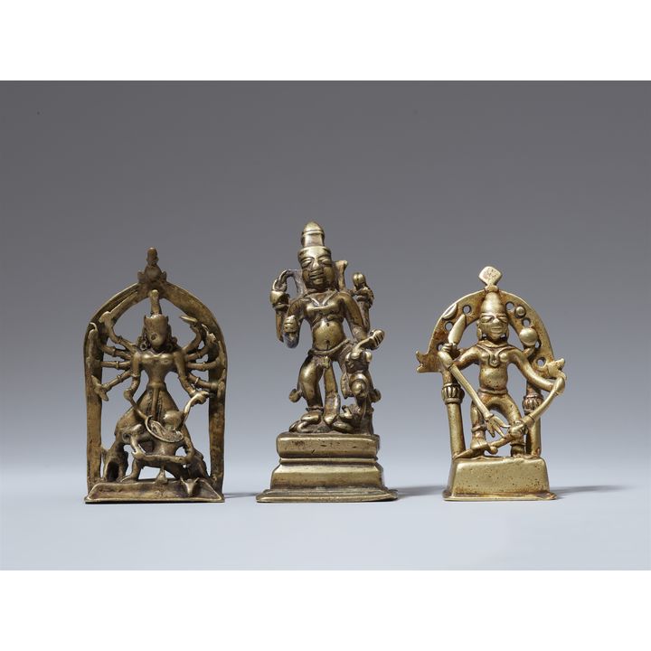 A Mahatashtra group of three copper alloy figures of Durga. 18/19th century