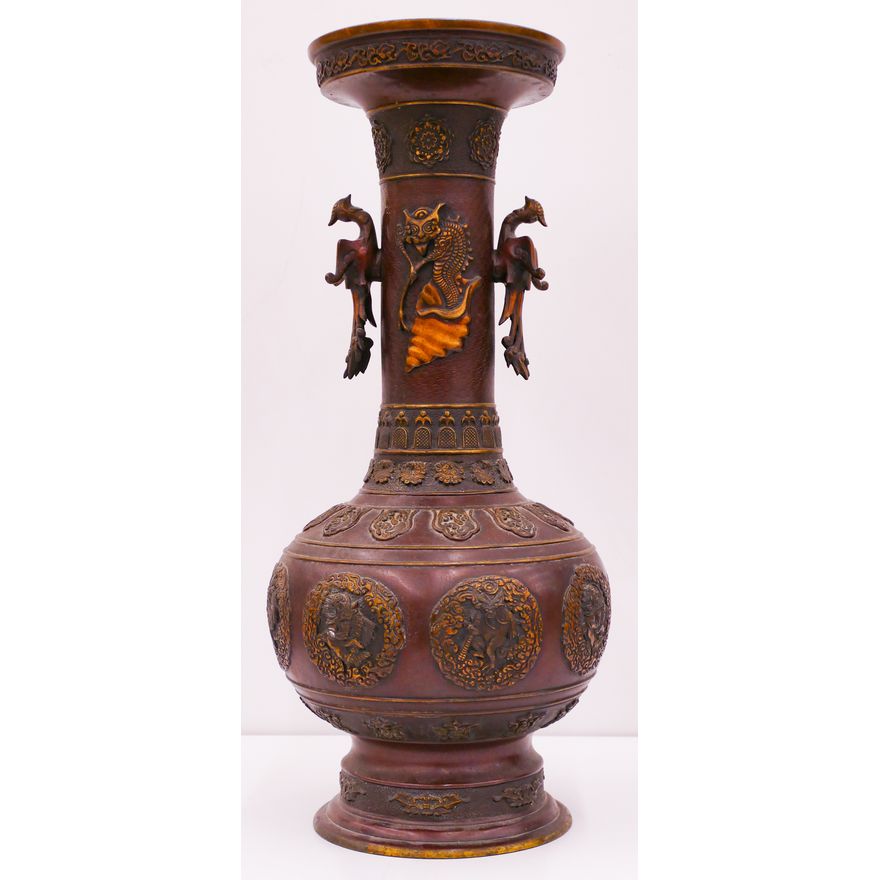 Ornate Meiji Japanese Phoenix Handled Bronze Vase 19.25''