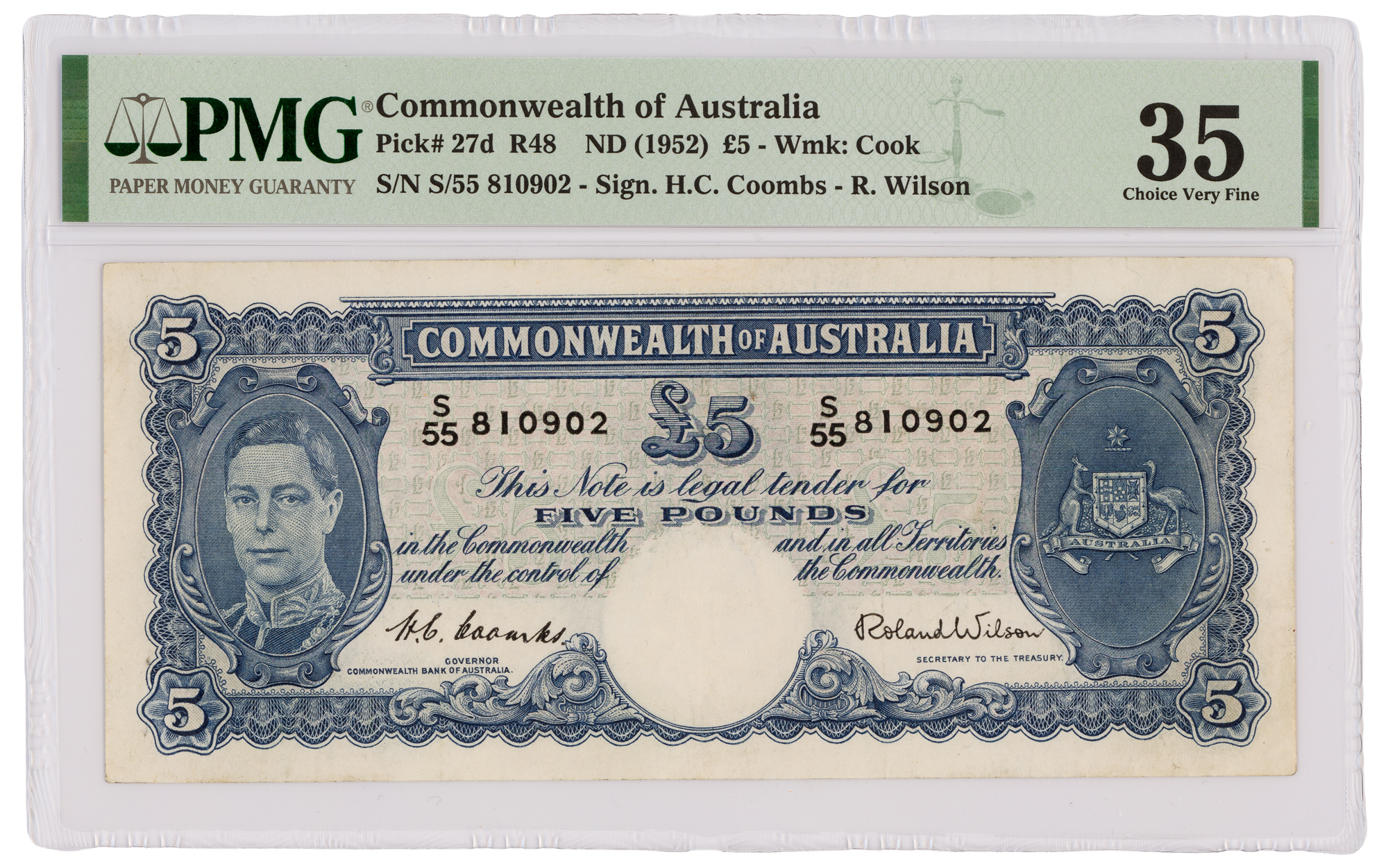 Five Pounds, 1952, PMG Choice VF 35