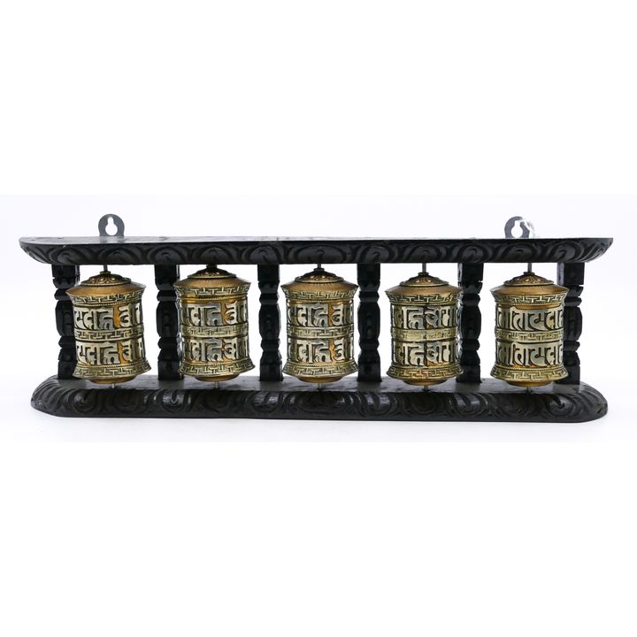 Tibetan Prayer Wheel 5pc Carved Display 4''x13''