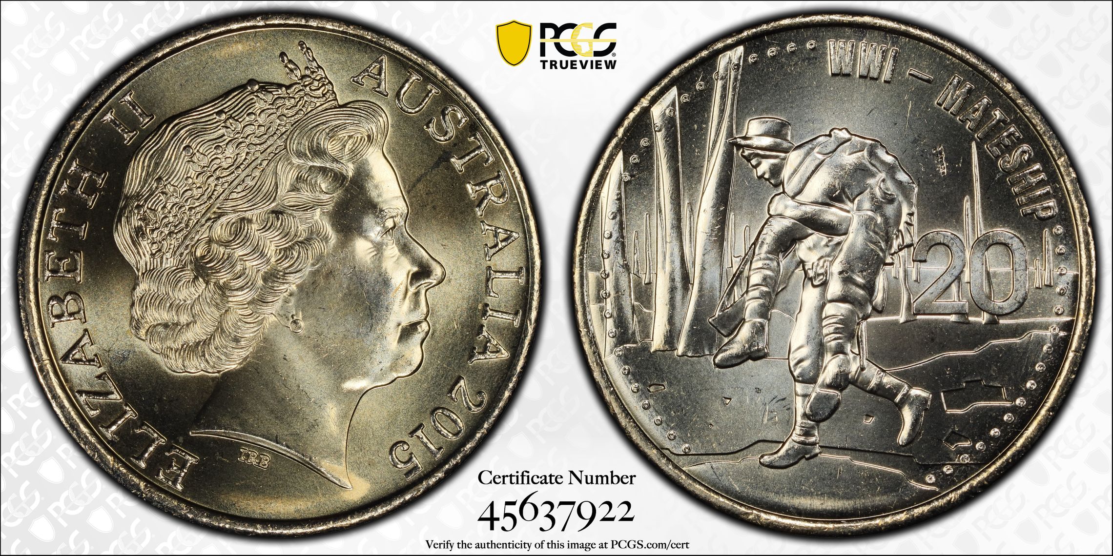 Mateship , Twenty Cent, 2015, PCGS MS66