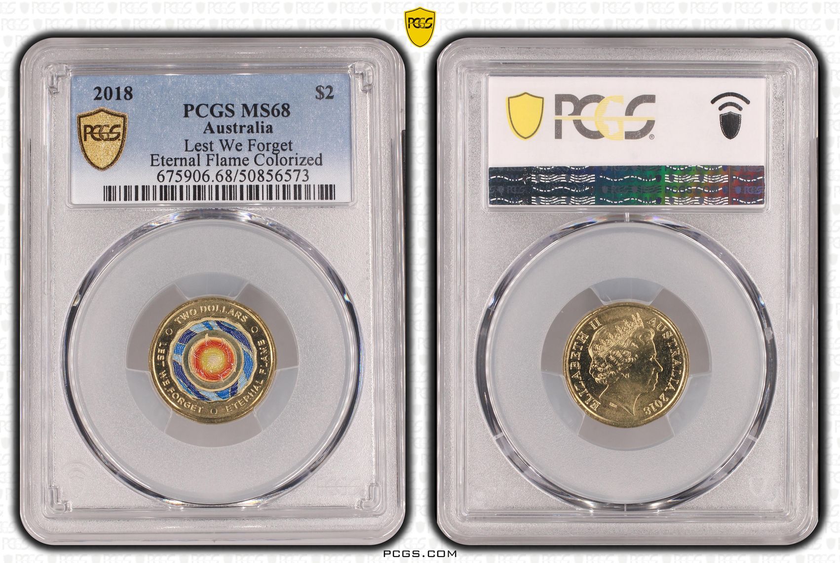 431 · Lest We Forget - Eternal Flame Colourised, Two Dollar, 2018, PCGS MS68