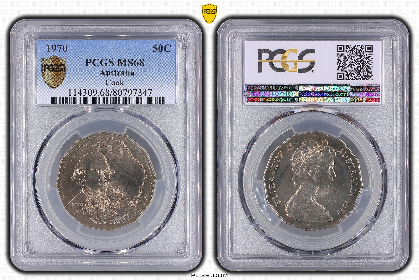 302 · Elizabeth II, Captain Cook, Fifty Cent, 1970, PCGS MS68