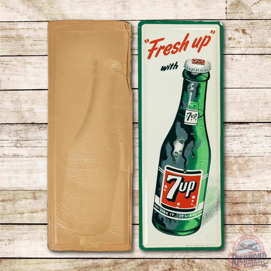 NOS 1962 Fresh Up w/ 7up Embossed 3D Bottle Tin Sign