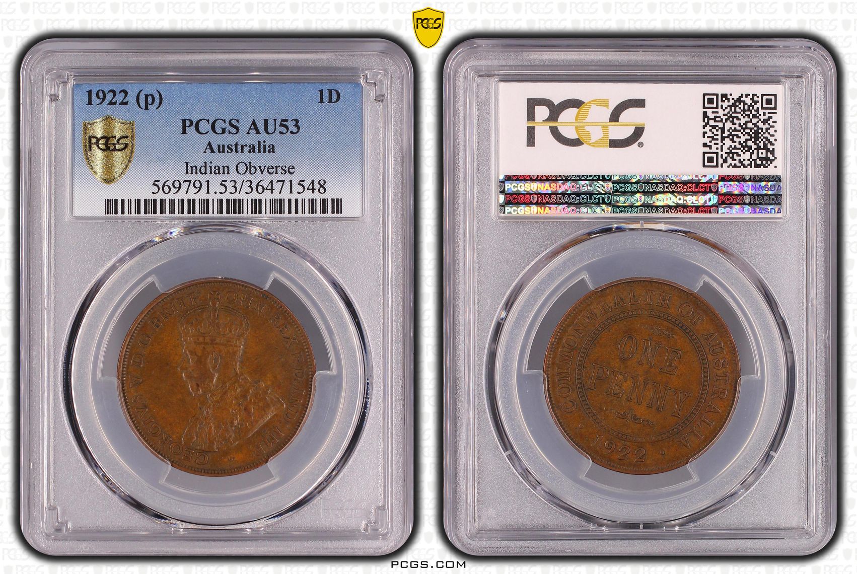 Indian Obverse, One Penny, 1922, PCGS AU53BN