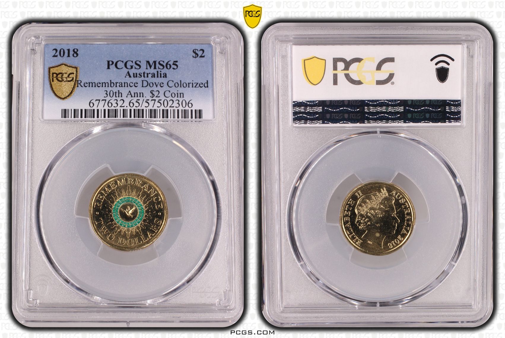 Remembrance Dove Colourised 30th Ann. $2 Coin, Two Dollar, 2018, PCGS MS65