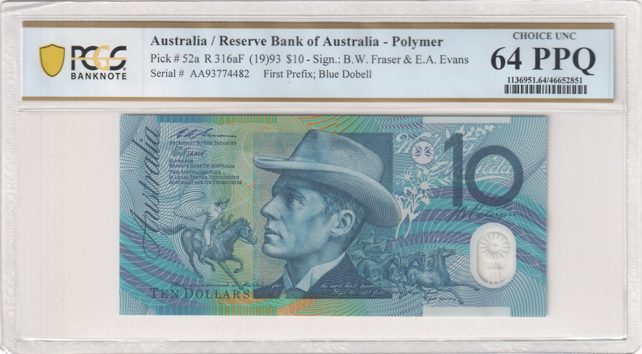 Fraser/Evans, First Prefix; Blue Dobell, Ten Dollar, 1993, PCGS Choice UNC 64 PPQ