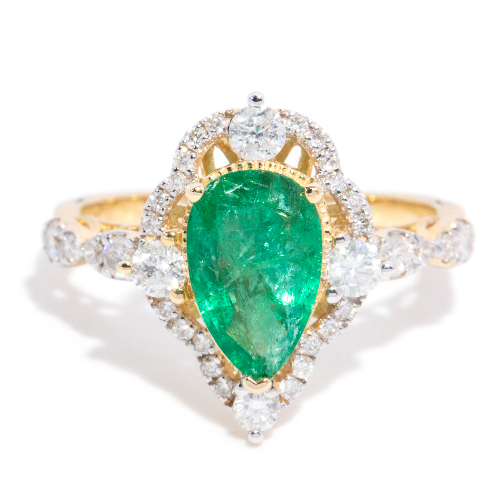 152 · 1.35 Carat Emerald & 0.61 Carat Diamond Halo 14ct Gold Ring