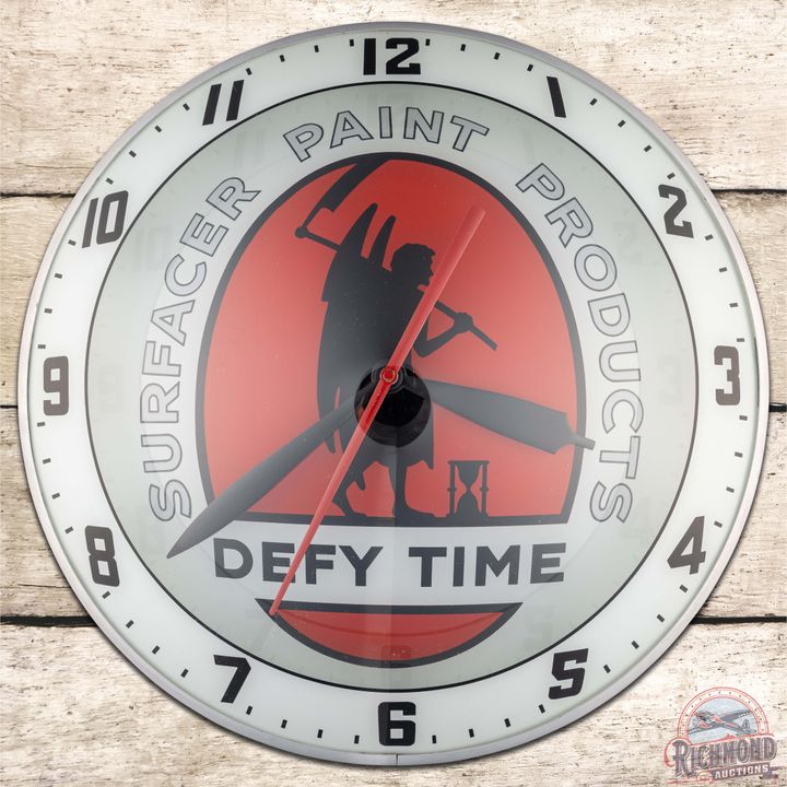 Rare Surfacer Paint Products "Defy Time" 15" Double Bubble Advertising Clock w/ Logo