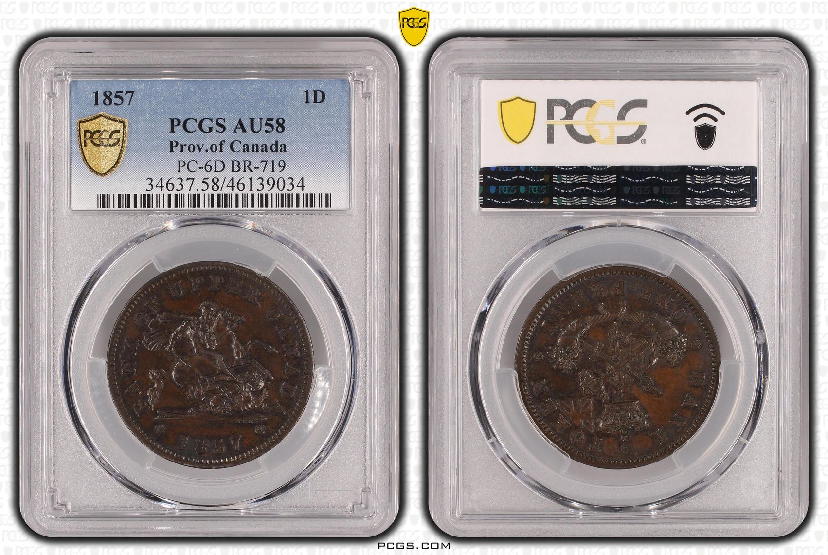 Prov.of Canada, Bank of Upper Canada, PC-6D, Tkn One Penny, 1857, PCGS AU58BN