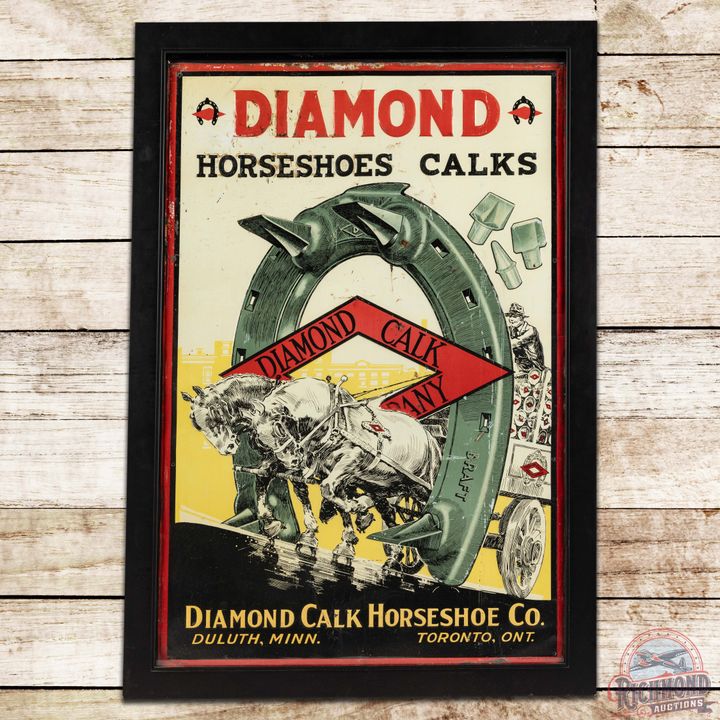 Early Framed Diamond Horseshoes Calks Embossed SST Sign w/ Graphics