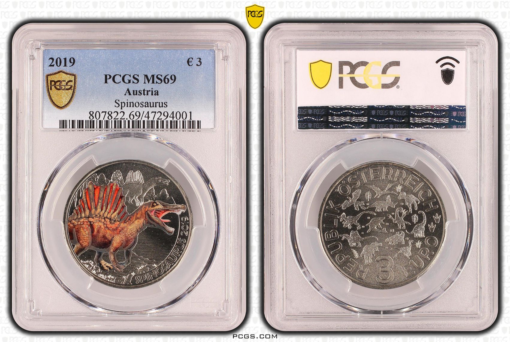 Austria, Spinosaurus , 3 Euro, 2019, PCGS MS69