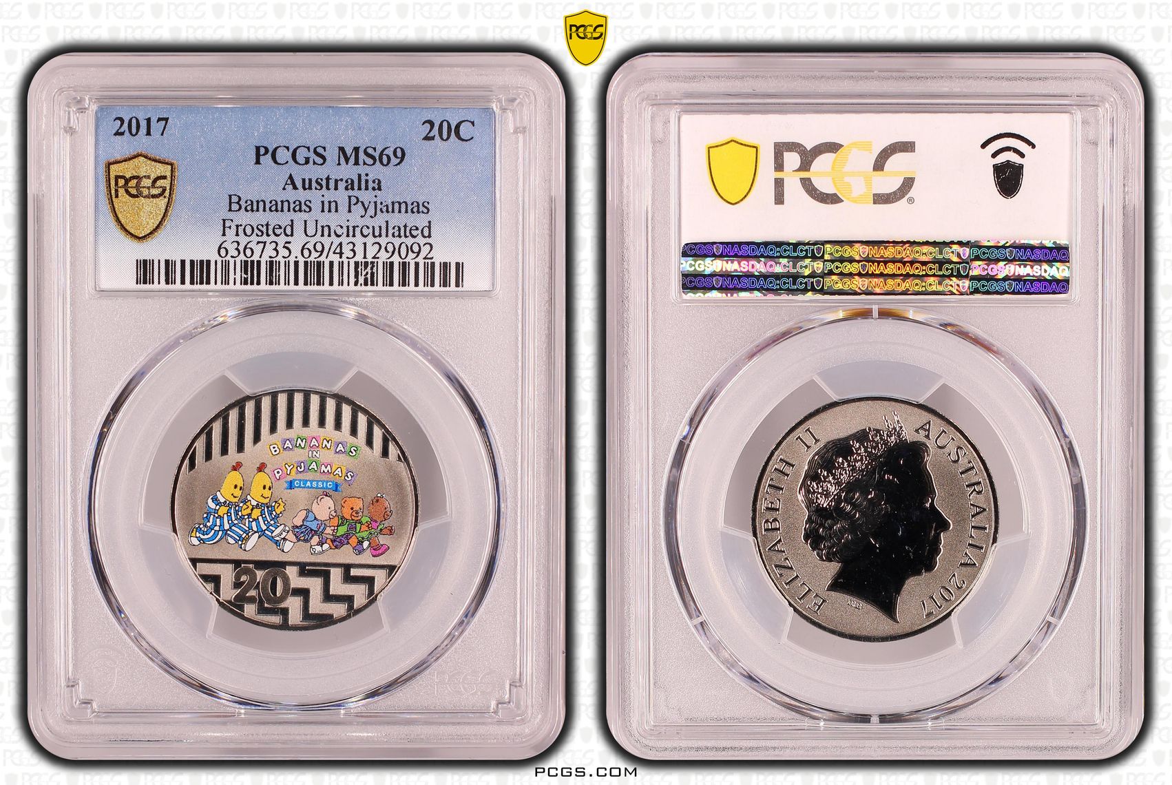 311 · Bananas in Pyjamas Colorized Frosted Uncirculated, Twenty Cent, 2017, PCGS MS69