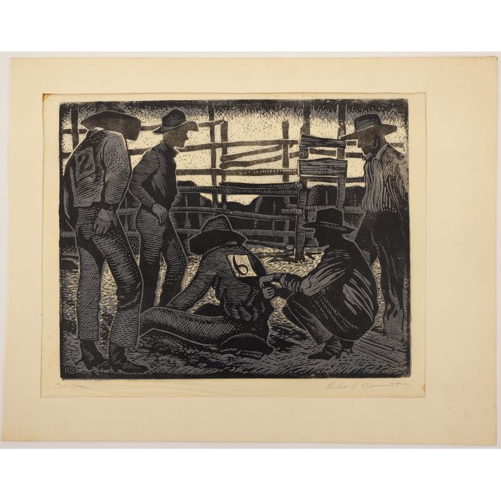 Richard Bennett ''Cowboys'' 1930's Linocut Matted 11''x14''