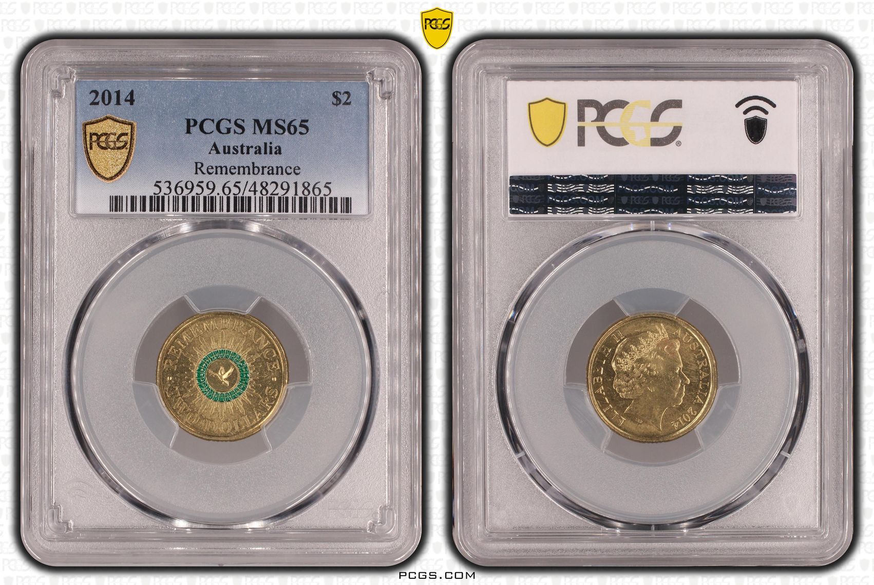 Remembrance Green Dove, Two Dollar, 2014, PCGS MS65