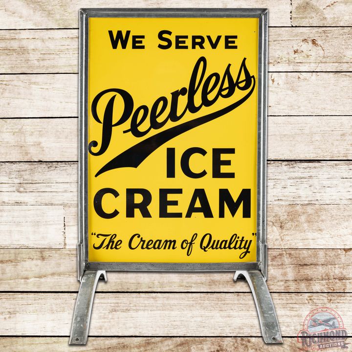 We Serve Peerless Ice Cream "The Cream of Quality" DS Tin Curb Sign
