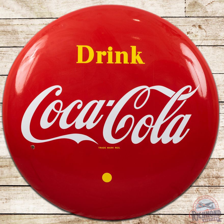 1955 48" Drink Coca Cola Canadian Porcelain Button Sign - 8.75