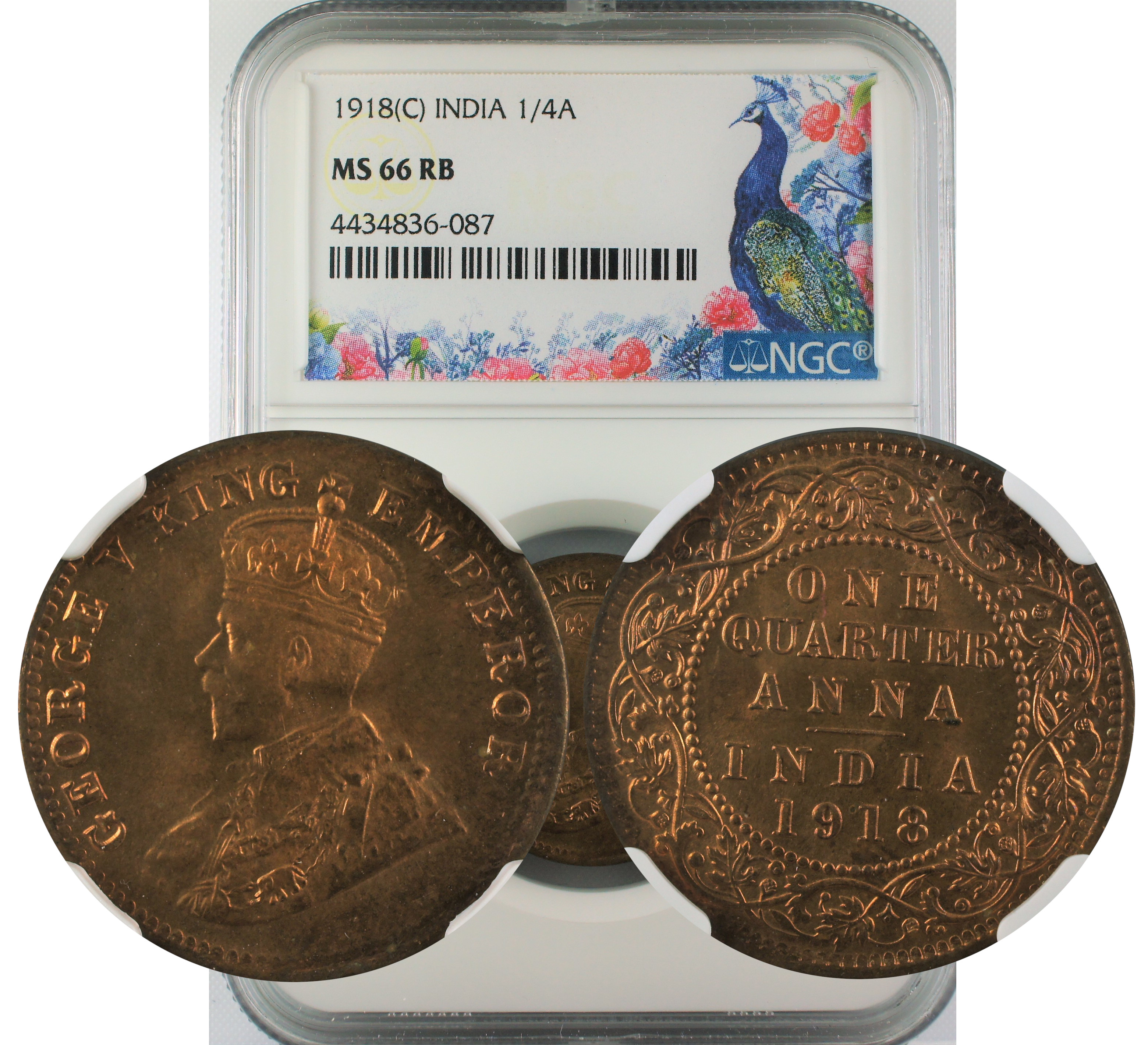 1918 C INDIA 1/4 ANNA MS66 RB