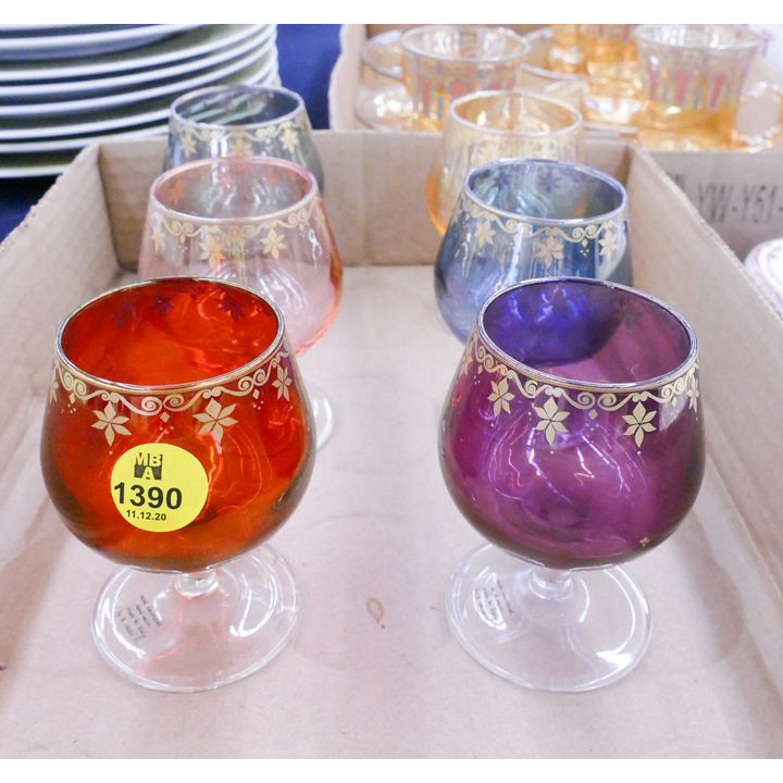 Set 6pc Gilt Colored Glass Liquors