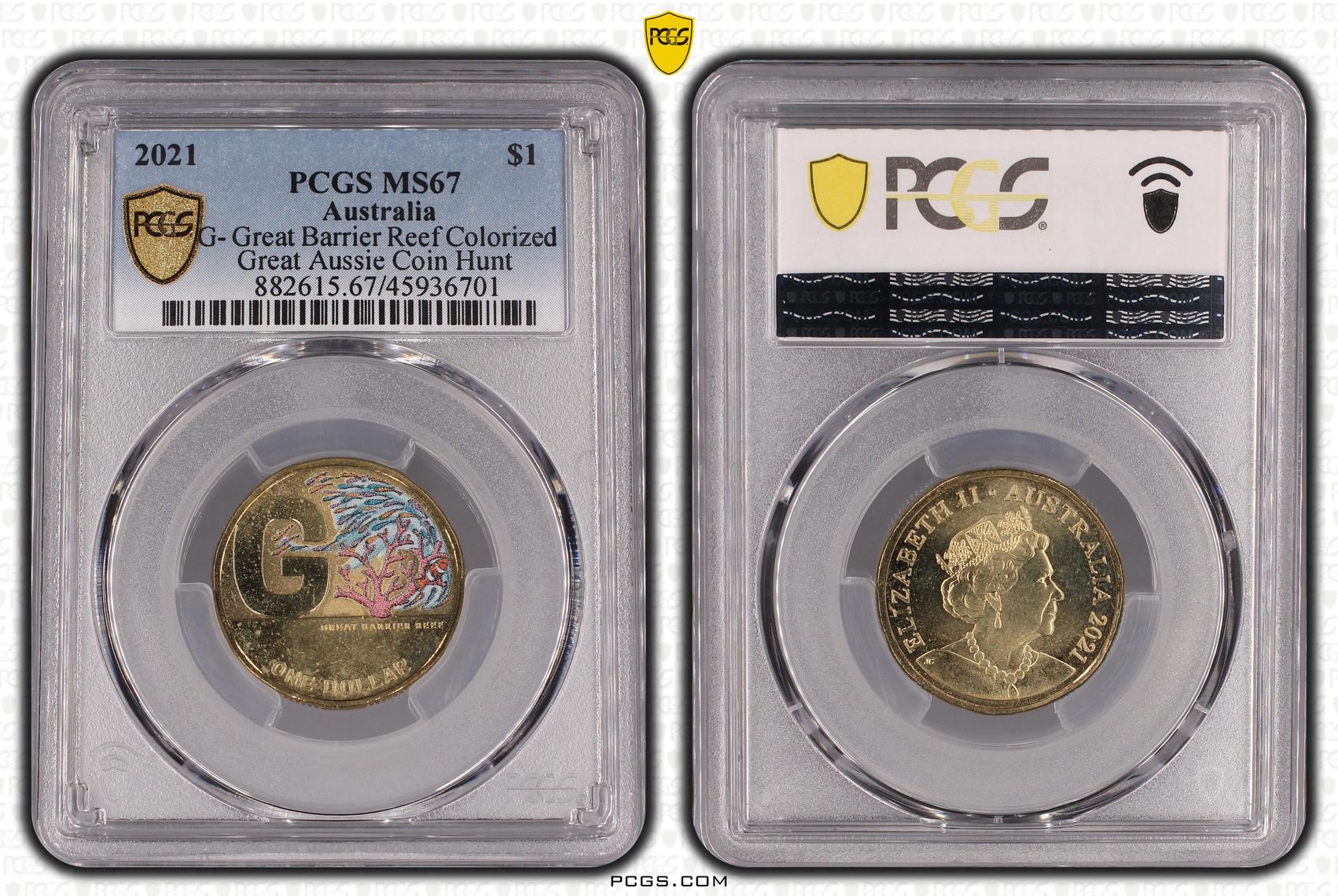 2021 Australia One Dollar, $1 G- Great Barrier Reef Colorized Great Aussie Coin Hunt PCGS - MS67 -701