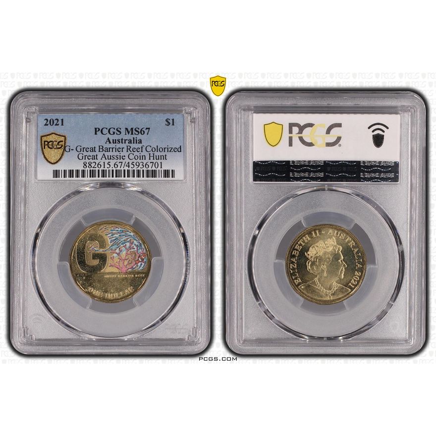 2021 Australia One Dollar, $1 G- Great Barrier Reef Colorized Great Aussie Coin Hunt PCGS - MS67 -701