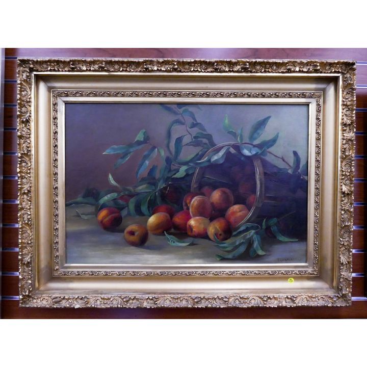 Antique Edith Wright Bucket of Apples Oil Painting in Gilt Frame- 29x39''
