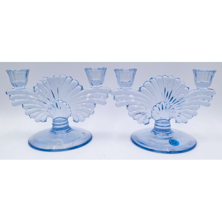 Pair Paden City Maya Blue Glass Candleholders 8''