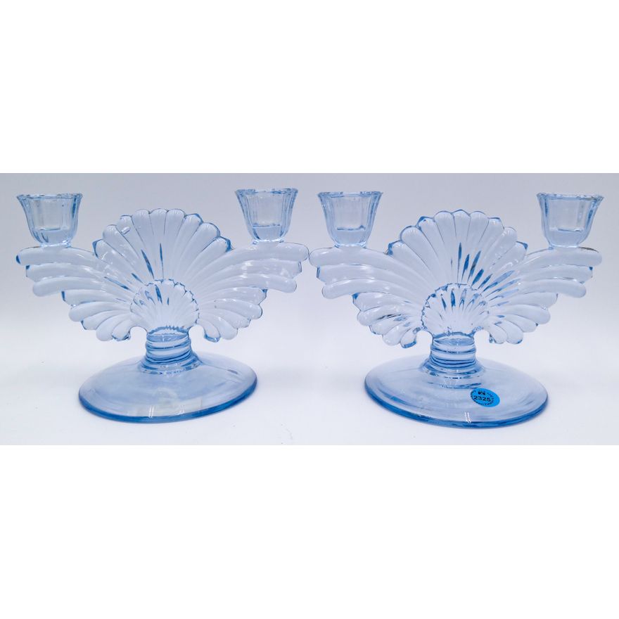 Pair Paden City Maya Blue Glass Candleholders 8''