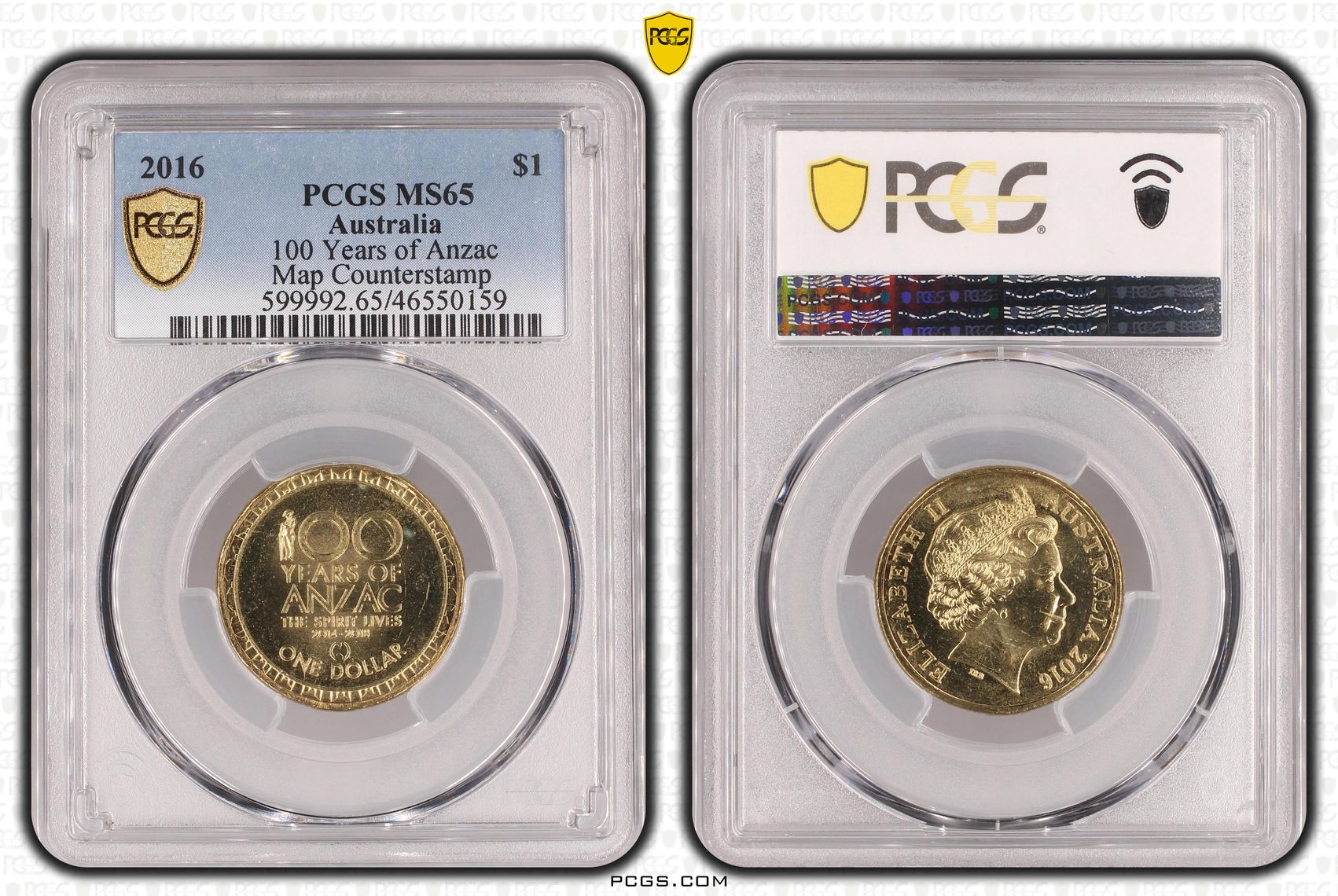 100 Years of Anzac, Map Counterstamp, One Dollar, 2016, PCGS MS65