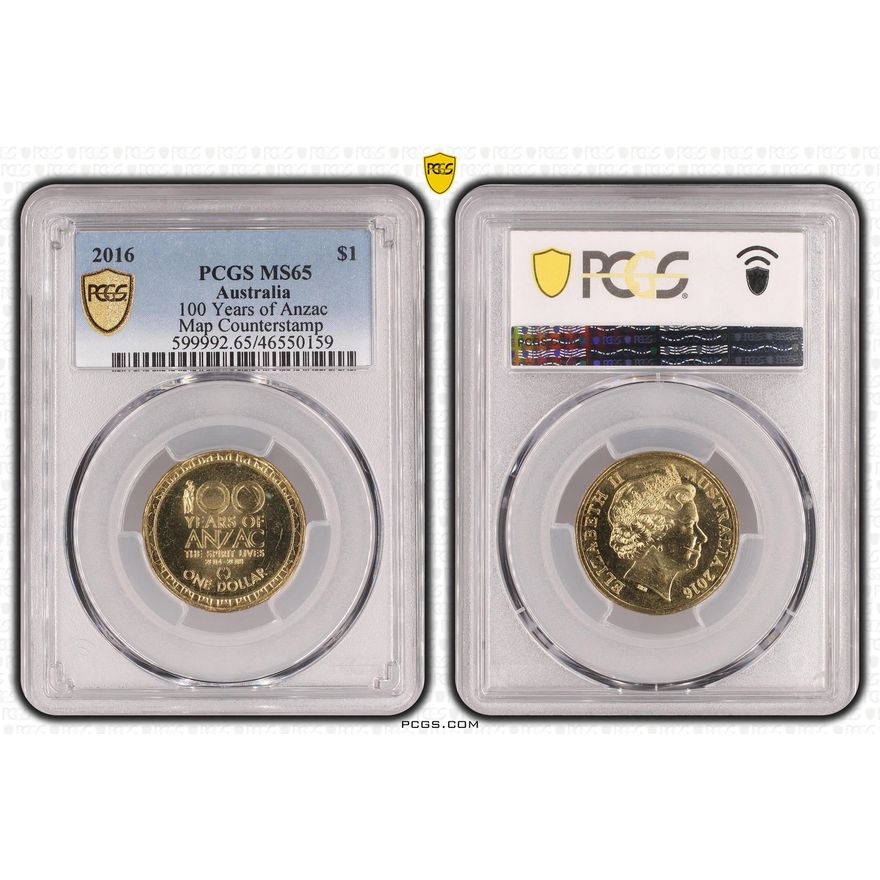 100 Years of Anzac, Map Counterstamp, One Dollar, 2016, PCGS MS65