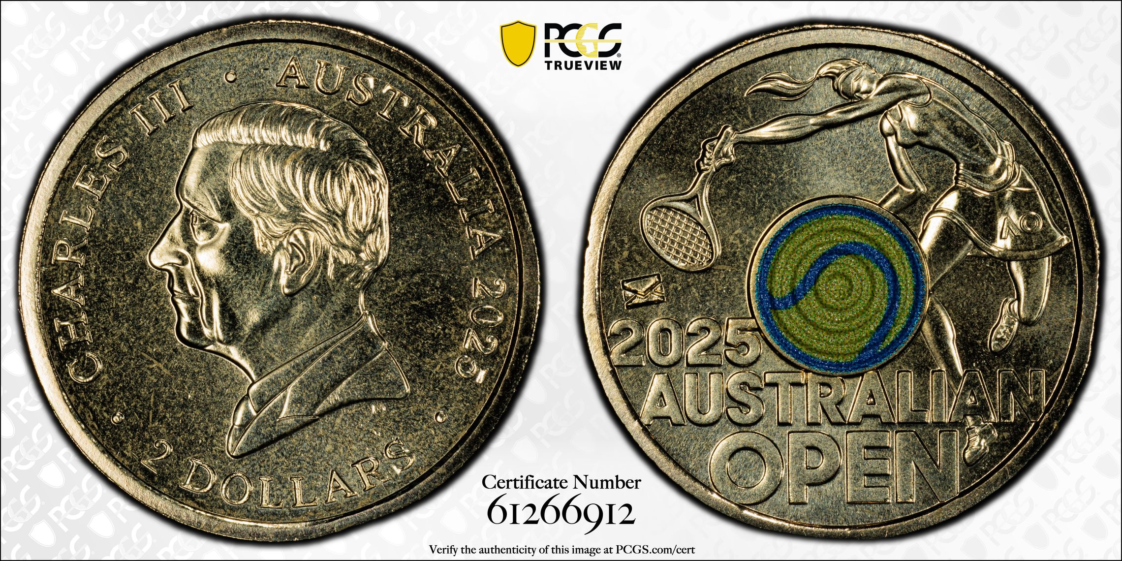 Women's Australian Open Yellow Envelope Privy Colourised, Two Dollar, 2025, PCGS MS68