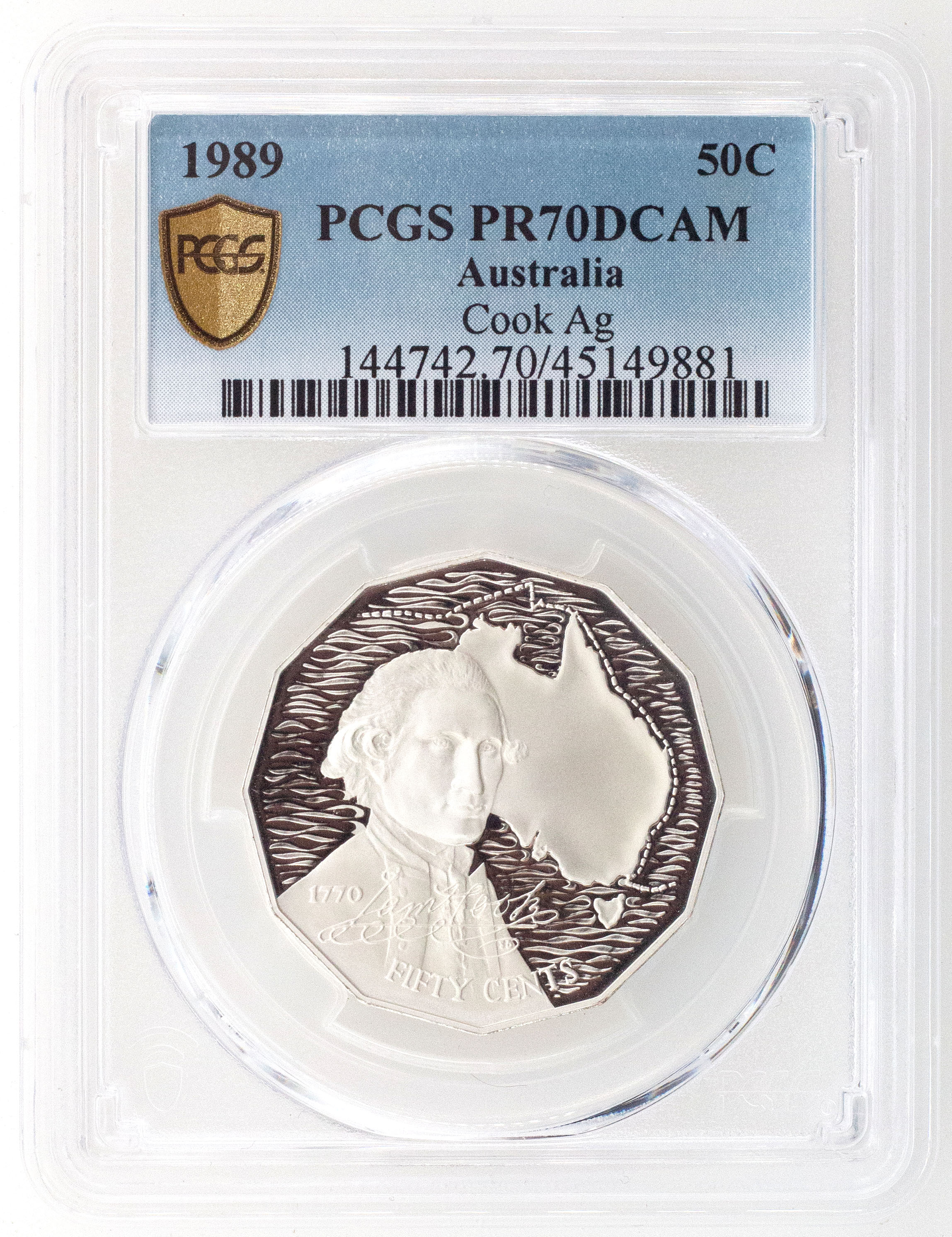 1989 Australia Fifty Cent, 50c Silver Proof Cook PCGS - PR70DCAM POP 34/0 -881