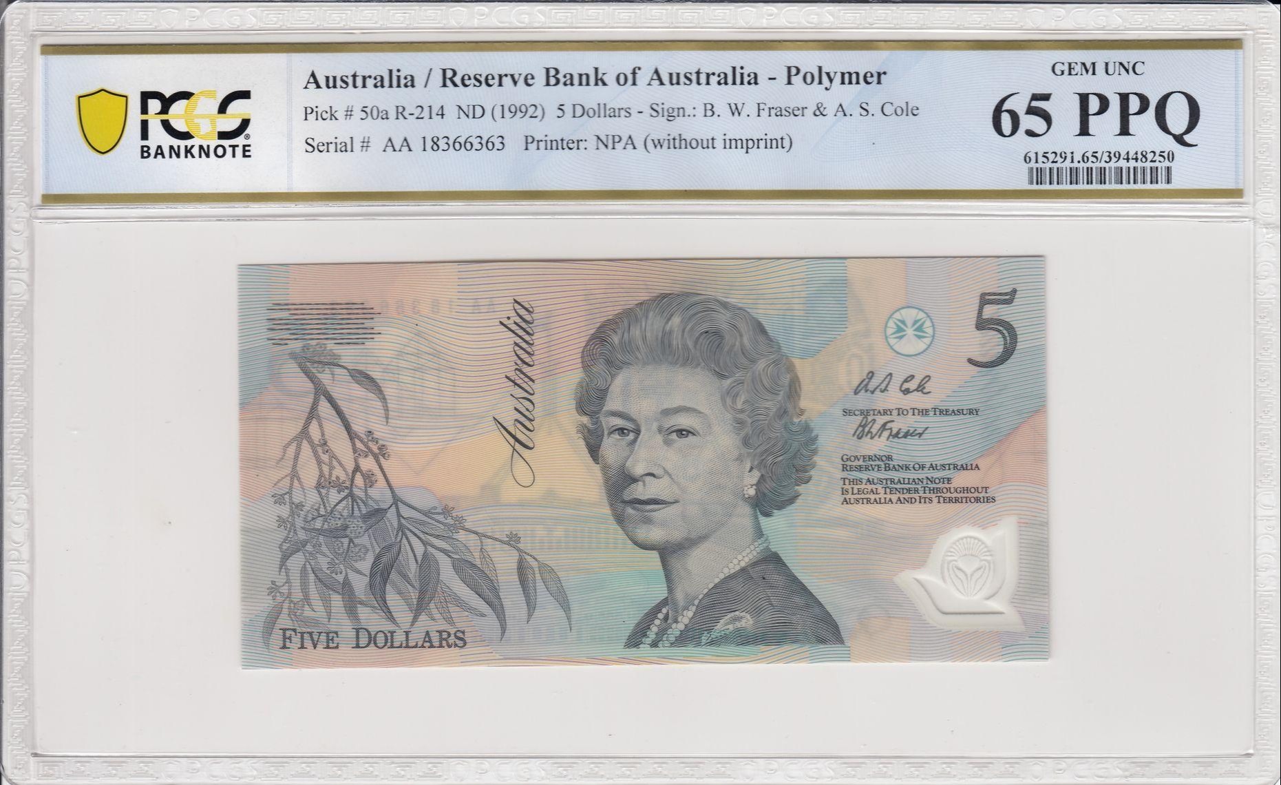 123 · RBA, Polymer, Sign.: B.W. Fraser & A.S. Cole, Dark Green Serials, Five Dollar, ND (1992), PCGS - Gem UNC 65 PPQ