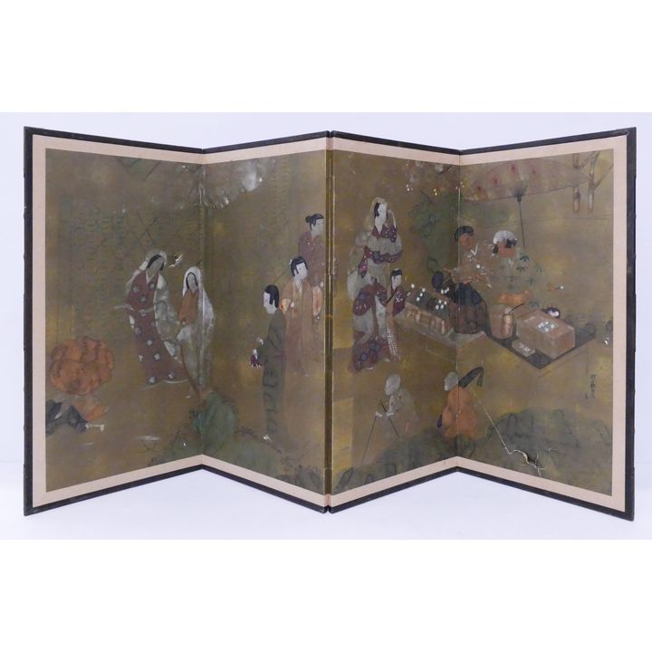 Japanese Meiji Genre Scene Painted 4 Panel Screen - 36x72'' as-is