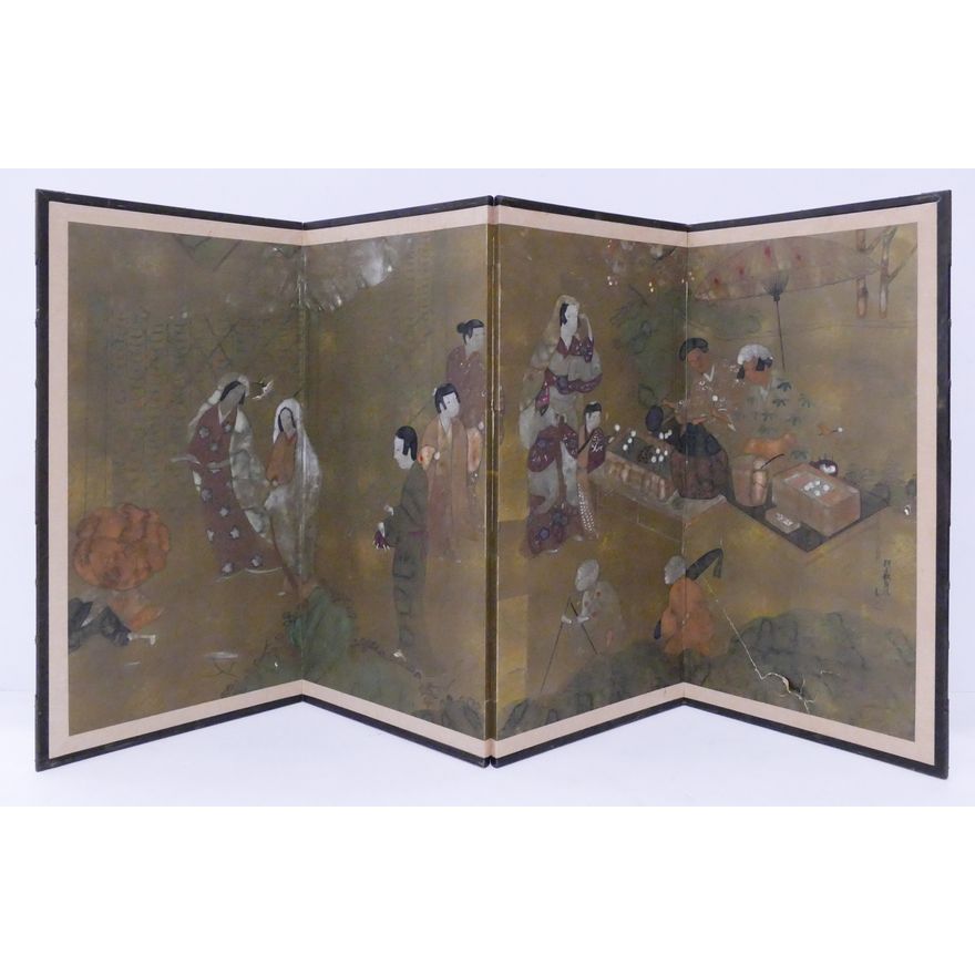 Japanese Meiji Genre Scene Painted 4 Panel Screen - 36x72'' as-is