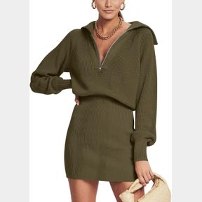 DEEP SELF WOMEN'S CASUAL LONG SLEEVE BODYCON SWEATER DRESSES FALL HALF ZIP V NECK SLIM FIT RIBBED KNITTED MINI DRESS AMY GREEN-M