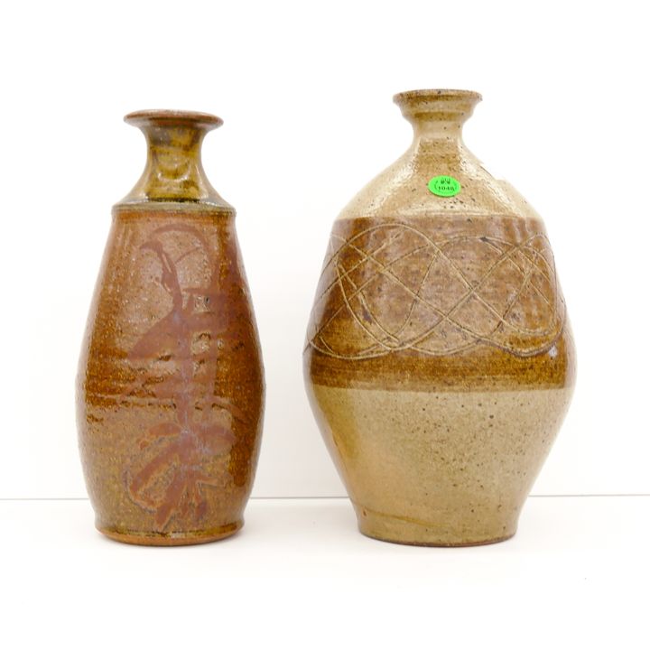 2pc Jerry Glenn Decorated Stoneware Vases 10'' and 11''