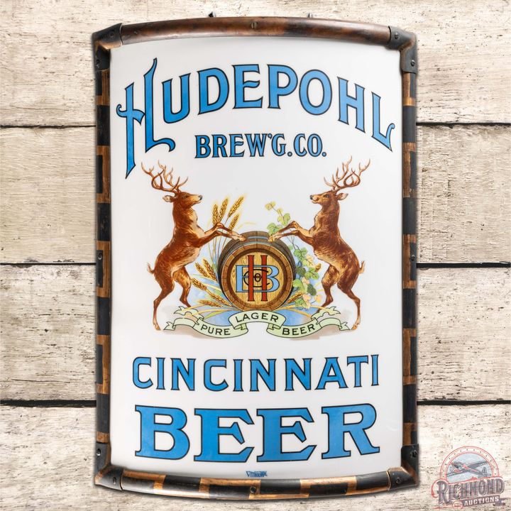 Hudepohl Brew'G Co. Cincinnati Beer Curved Vitrolite Glass Corner Sign