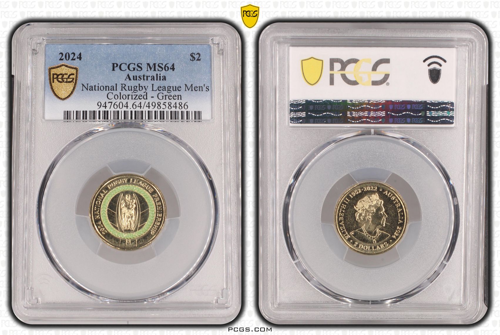 National Rugby League Men's Colorized - Green , Two Dollar, 2024, PCGS MS64