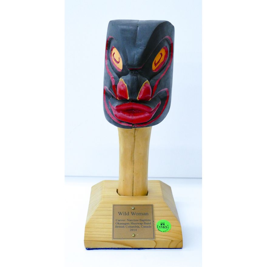 Narcisse Baptiste (Okanagan) Wild Woman Carved Cedar Rattle