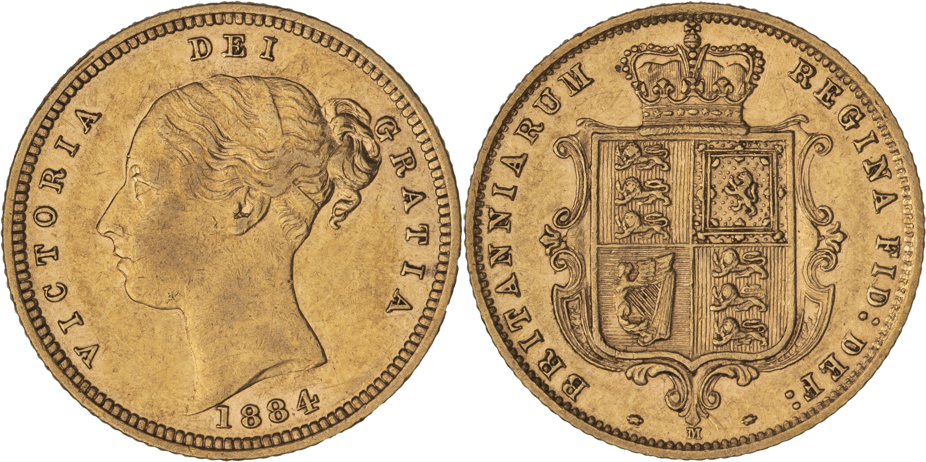 Victoria, Shield Reverse - Young Head, Half Sovereign, 1884-M, EF