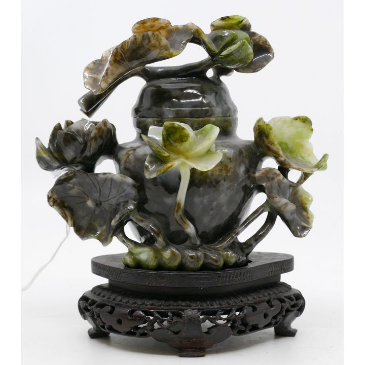Chinese Carved Jade Covered Lotus Vase 6.5''x6.5''