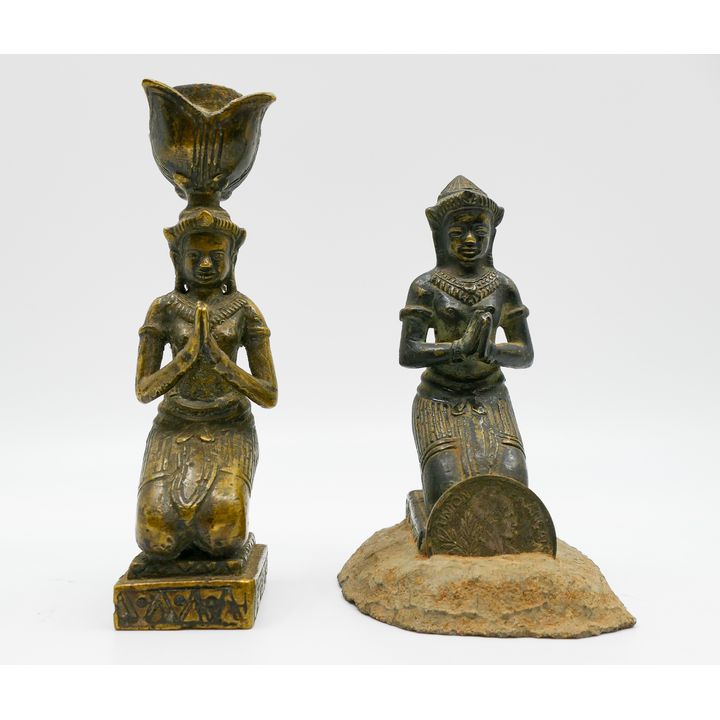 2pc Old Cambodian Khmer Style Bronze Kneeling Figures 5'' and 6''