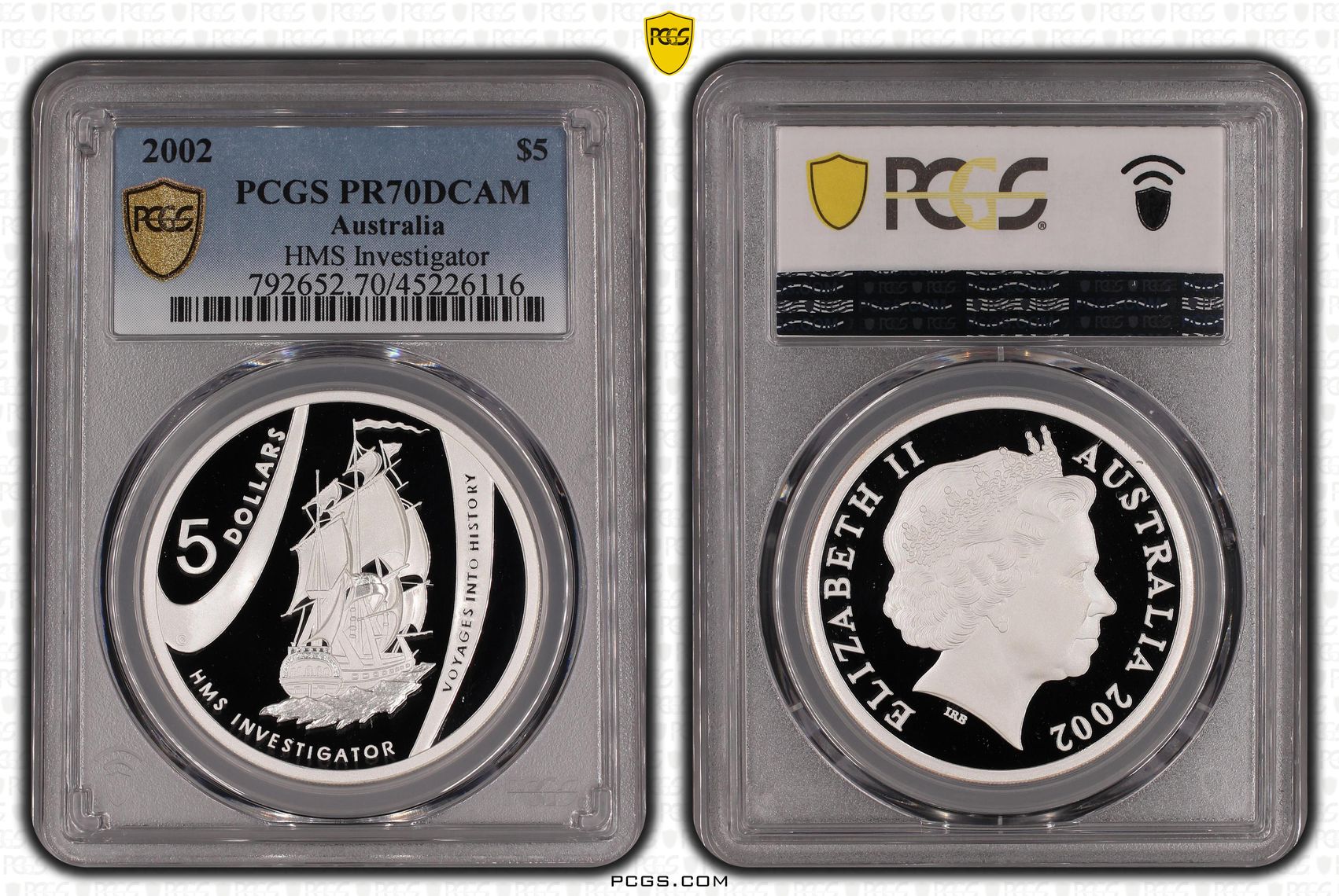 2002 Australia Five Dollar, $5 Silver Proof HMS Investigator PCGS - PR70DCAM POP 2/0 -116