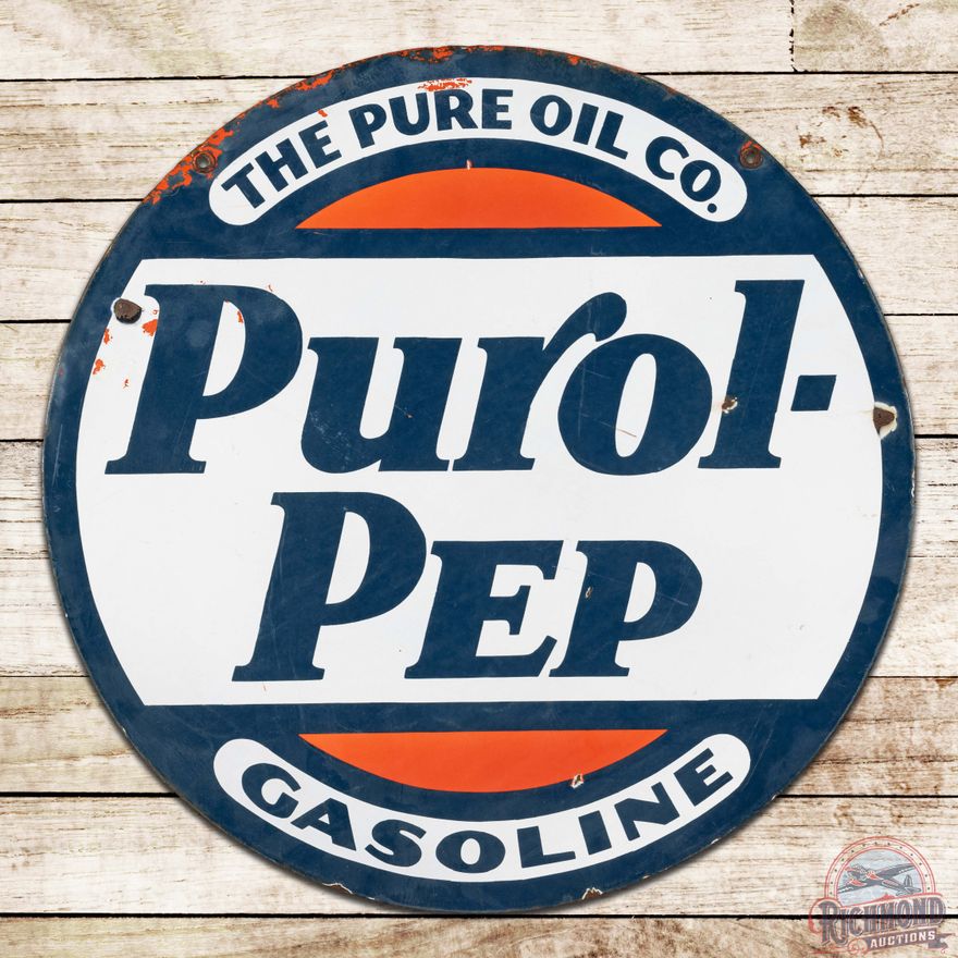 Purol-Pep "The Pure Oil Company" Gasoline 25" Double Sided Porcelain Sign