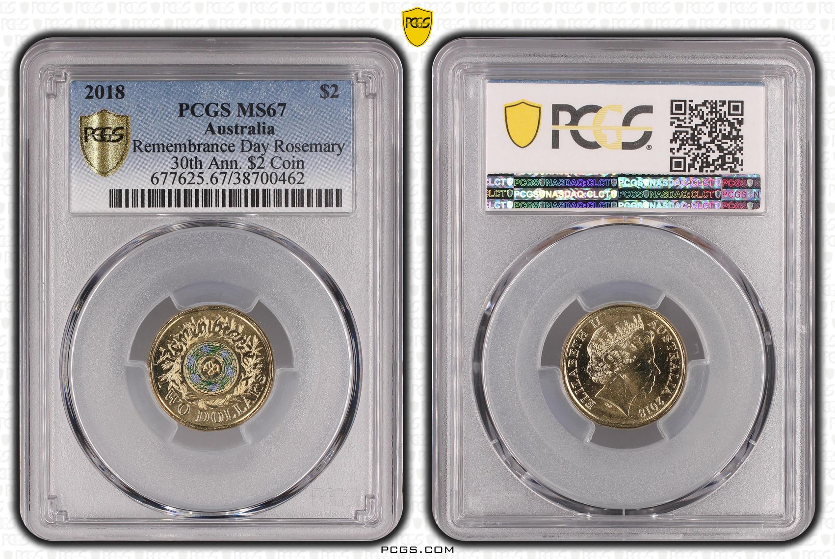 Remembrance Day Rosemary 30th Ann. $2 Coin Colorized, Two Dollar, 2018, PCGS MS67