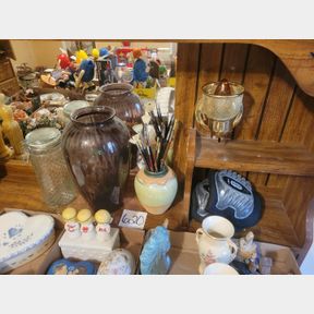 2 Vases, canister, paint brushes and knee pads