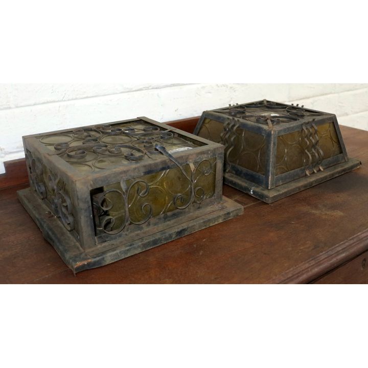 PAIR OF METAL AND PRESSED GLASS WALL LIGHTS