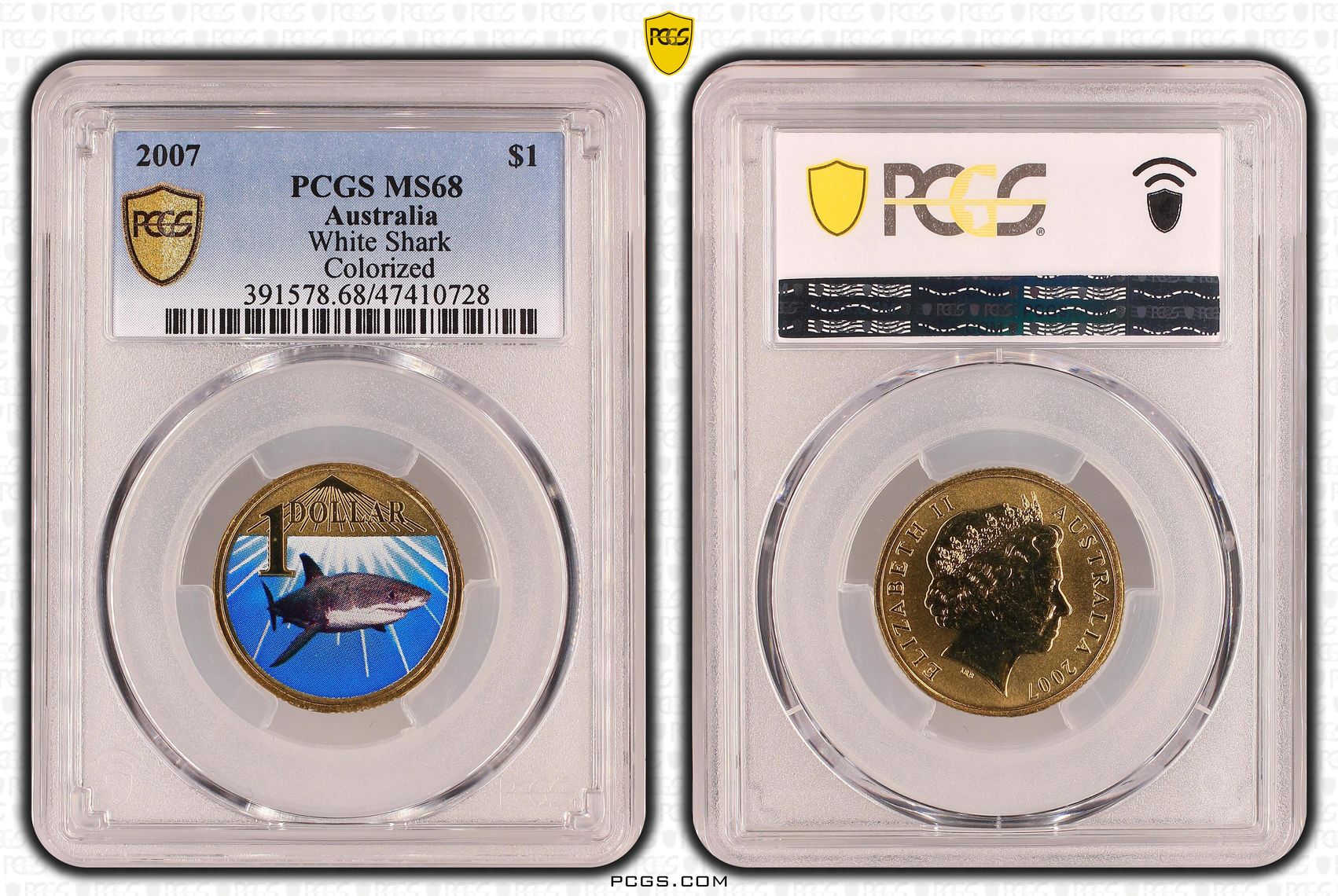 334 · Elizabeth II, White Shark, One Dollar, 2007, PCGS MS68