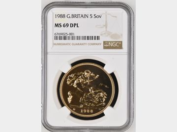 1988 ELIZABETH II GOLD 5 POUND MS69 DPL